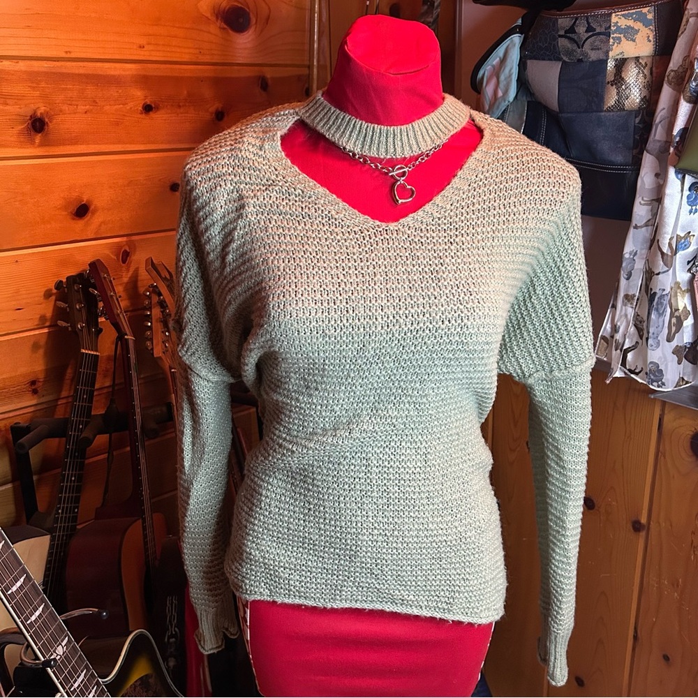 Mossimo Supply Co Woman's Sage Green Loose Knit Sweater Peakaboo Neckline Sz. L